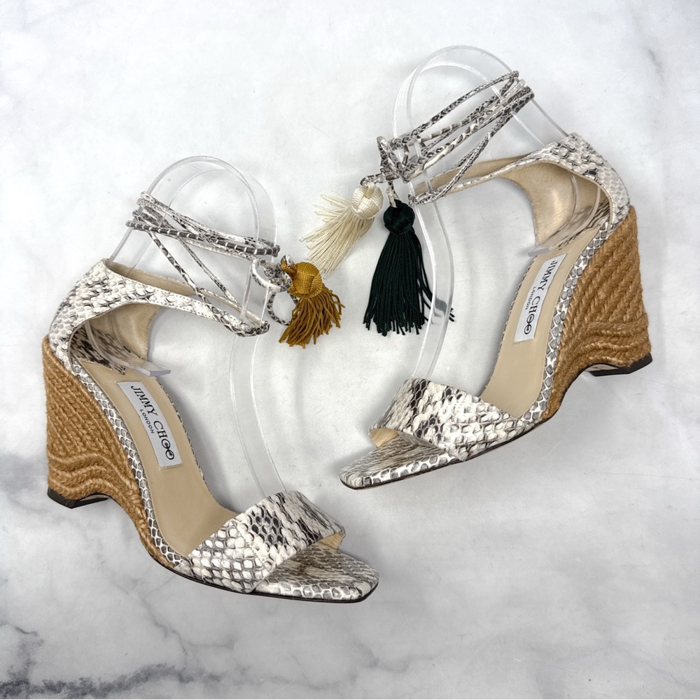 NEW Jimmy Choo Deva 85 Snakeskin Leather Tasseled Ankle Tie Wedge Sandal Heels